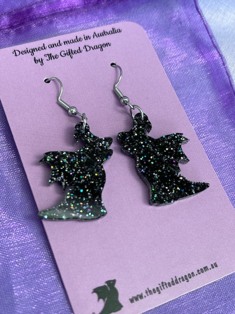 Earrings: Jett the Baby Dragon (Wearing a Witch Hat)